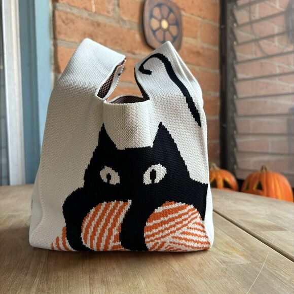 Animal Handbags - CAT TOTE BAG SATCHEL Kids Youth Adult Unisex Knit Natural Black Orange NEW CUTE